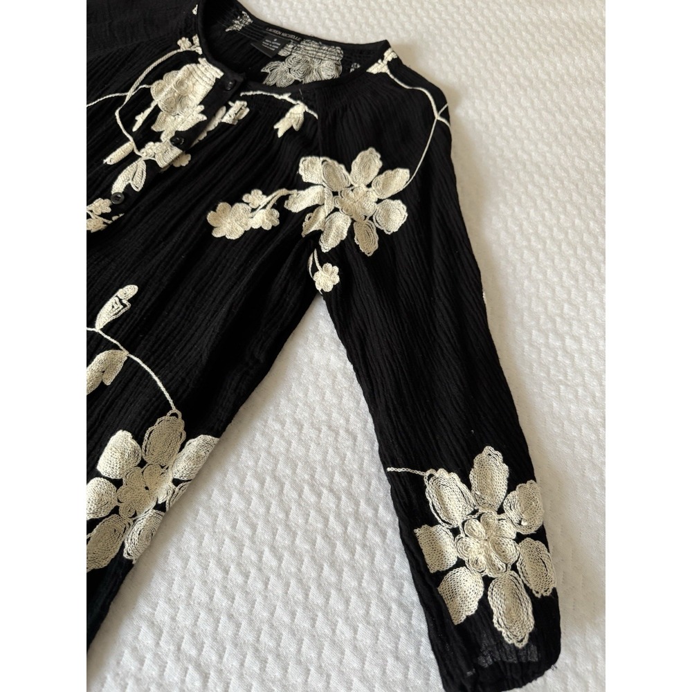 LAUREN MICHELLE Women's S Cotton Floral Embroidered Blouse Black Beige - Picture 4 of 8